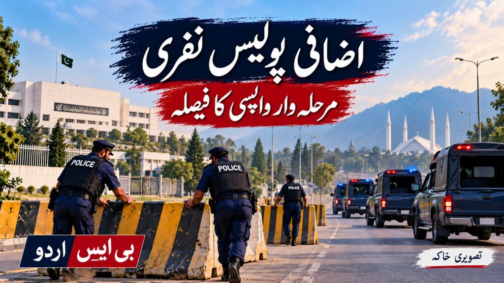 اضافی پولیس نفری — موضوع سے متعلق بی ایس اردو کا AI نمائشی خاکہ، اصل واقعے کی تصویر نہیں