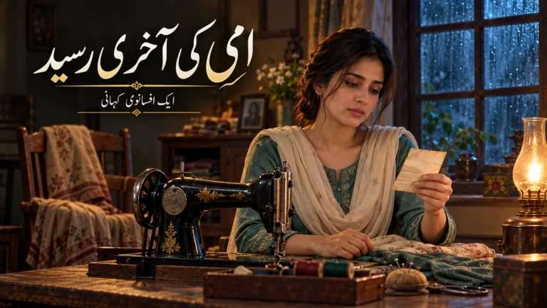 امی کی آخری رسید کی افسانوی تصویر: مریم پرانی سلائی مشین کے پاس ایک رسید دیکھ رہی ہے