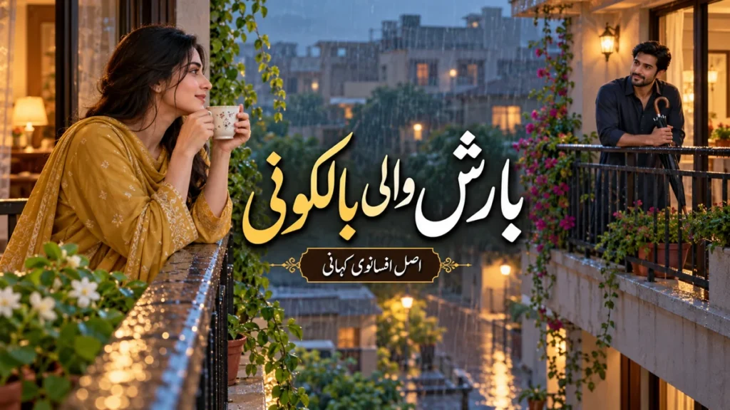 بارش والی بالکونی: روز کی نوک جھونک سے پہلی ملاقات تک — اصل افسانے کا AI تصویری خاکہ