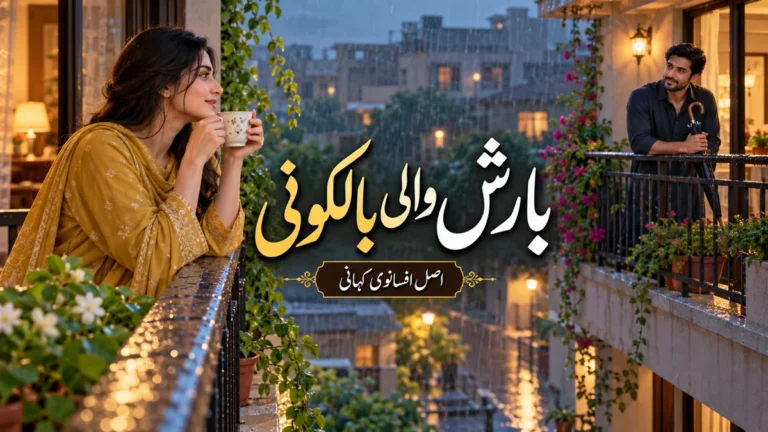 بارش والی بالکونی: روز کی نوک جھونک سے پہلی ملاقات تک — اصل افسانے کا AI تصویری خاکہ