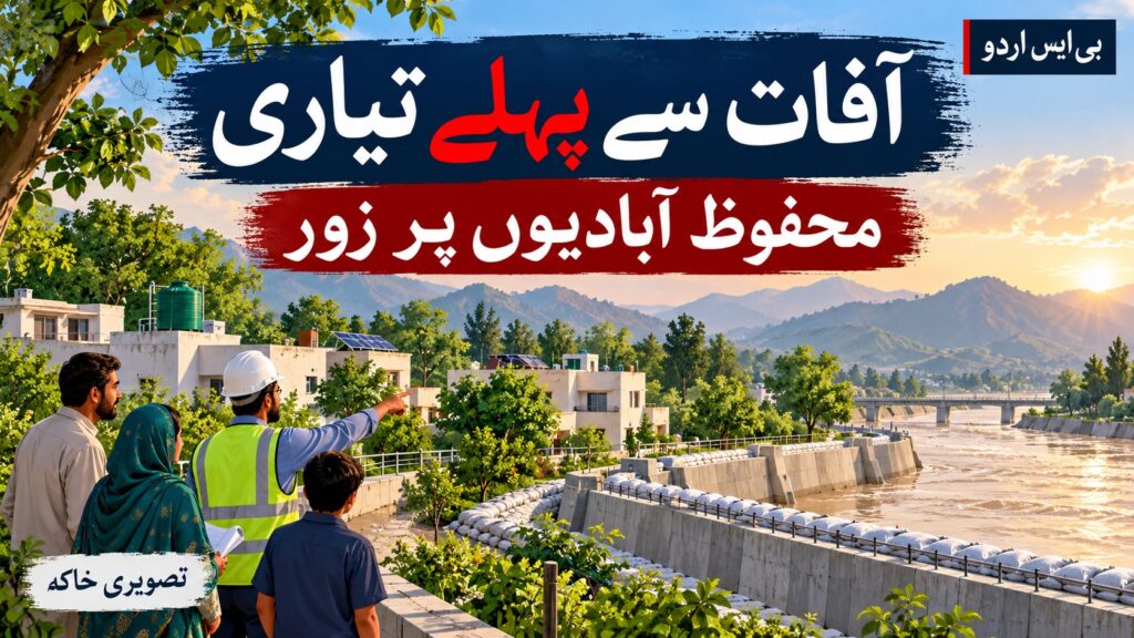 آفات سے بچاؤ — موضوع سے متعلق بی ایس اردو کا AI نمائشی خاکہ، اصل واقعے کی تصویر نہیں