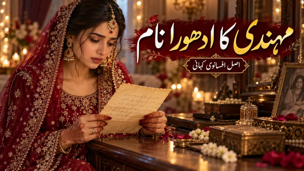مہندی کا ادھورا نام: شادی سے پہلے کھلنے والا ایک راز — اصل افسانے کا AI تصویری خاکہ
