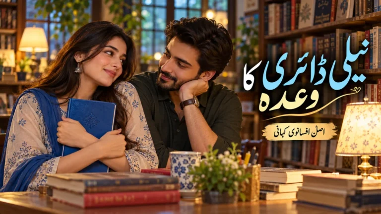 نیلی ڈائری کا وعدہ: خاموش محبت کو لفظ کیسے ملے؟ — اصل افسانے کا AI تصویری خاکہ