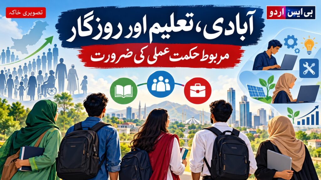 آبادی، صحت اور روزگار — موضوع سے متعلق بی ایس اردو کا AI نمائشی خاکہ، اصل واقعے کی تصویر نہیں